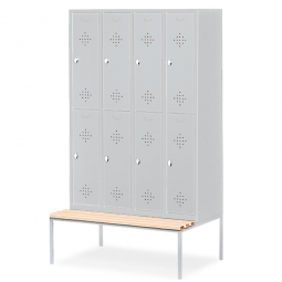 Stahl-Fächerschrank mit untergebaute Sitzbank und Drehriegelverschluss, 8 Fächer, BxTxH 1190x500/815x2090 mm