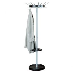 Garderobenständer, 8 Hut- und 16 Mantelhaken, H 1800 mm, Ø 450 mm, Stahlsäule alusilber, Schirmhalter schwarz