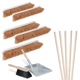 Besen-Spar-Set 12-teilig, 5x Kokos-Saalbesen 500 mm lang, 5x Besenstiel, Handfeger und verzinkte Kehrschaufel