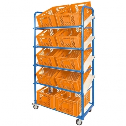 Schrägboden-Regalwagen mit 5 Ebenen, BxTxH 1050x500x1880 mm, 4 Lenkrollen, 2 Rollen mit Feststellbremse, bestückt mit 10 Euroboxen BxTxH 600x400x240 mm, durchbrochen, mit Durchfassgriffen