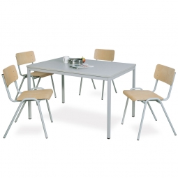 5-teilige Sitzgruppe: 4 Stahlrohr-Stühle + 1 Kantinentisch, LxBxH 1600x800x750 mm, lichtgrau