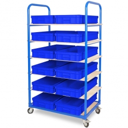 Etagenwagen mit 6 Ebenen, BxTxH 1050x500x1690 mm, 4 Lenkrollen, 2 Rollen mit Feststellbremse, bestückt mit 12 Euroboxen BxTxH 600x400x120 mm, mit Griffleisten