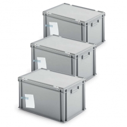 3x Ordner-Archivboxen, für je 7 Ordner (A4, breiter Rücken), inkl. Edelstahl-Zettelklemmer, staubsicher, grau