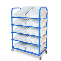Schrägboden-Regalwagen mit 5 Ebenen, BxTxH 1050x500x1450 mm, 4 Lenkrollen, 2 Rollen mit Feststellbremse, bestückt mit 10 Euroboxen BxTxH 600x400x120 mm, mit Griffleisten