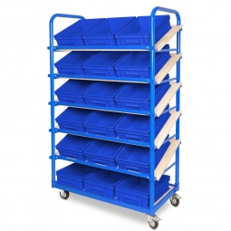 Schrägboden-Regalwagen mit 6 Ebenen, BxTxH 1050x500x1690 mm, 2 Lenk- (mit Feststellbremse) u. 2 Bockrollen, bestückt mit 18 Euroboxen BxTxH 400x300x120 mm, mit Griffleisten