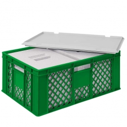 2 EPS-Thermoboxen im Stapelkorb mit Deckel, LxBxH 600x400x240 mm, grüner Korb, grauer Deckel