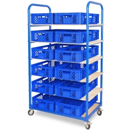 Etagenwagen mit 6 Ebenen, BxTxH 1050x500x1690 mm, 4 Lenkrollen, 2 Rollen mit Feststellbremse, bestückt mit 12 Euroboxen BxTxH 600x400x150 mm, durchbrochen, mit Durchfassgriffen