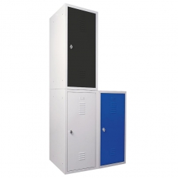 3er-Set halbhoher Spind/Schließfach-Schrank aus Stahlblech, BxTxH 415x490x900 mm, Korpus lichtgrau/Türen lichtgrau, enzianblau und anthrazit