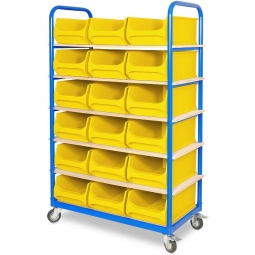 Etagenwagen mit 6 Ebenen, BxTxH 1050x500x1690 mm, 4 Lenkrollen, 2 Rollen mit Feststellbremse, bestückt mit 18 gelben Sichtboxen 