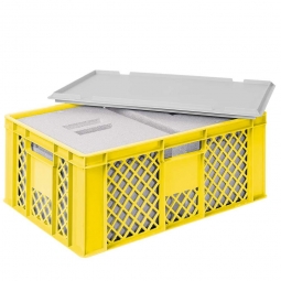 2 EPS-Thermoboxen im Stapelkorb mit Deckel, LxBxH 600x400x240 mm, gelber Korb, grauer Deckel