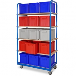 Etagenwagen mit 5 Ebenen, BxTxH 1050x500x1880 mm, 2 Lenk- (mit Feststellbremse) u. 2 Bockrollen, bestückt mit 15 Euroboxen BxTxH 400x300x280 mm, mit Griffleisten