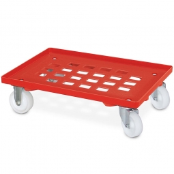 ABS-Kunststoff-Transportroller für 600x400 mm Eurobehälter, 2 Lenk- und 2 Bockrollen, 100 mm Kunststoff-Rad in weiß, Gitterdeck rot, Tragkraft 250 kg
