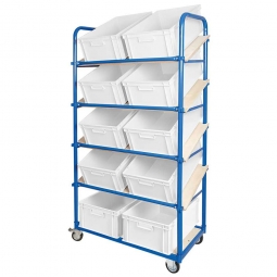 Schrägboden-Regalwagen mit 5 Ebenen, BxTxH 1050x500x1880 mm, 2 Lenk- (mit Feststellbremse) u. 2 Bockrollen, bestückt mit 10 Euroboxen BxTxH 600x400x220 mm, mit Griffleisten