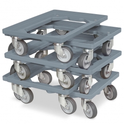 6x ABS-Kunststoff-Transportroller im Spar-Set, für Kästen, Körbe, Kartons 600x400 mm, grau, 100 mm Gummi-Rad, Deck offen, Tragkraft 250 kg