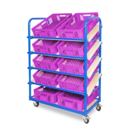 Schrägboden-Regalwagen mit 5 Ebenen, BxTxH 1050x500x1450 mm, 2 Lenk- (mit Feststellbremse) u. 2 Bockrollen, bestückt mit 10 Euroboxen BxTxH 600x400x150 mm, durchbrochen, mit Durchfassgriffen