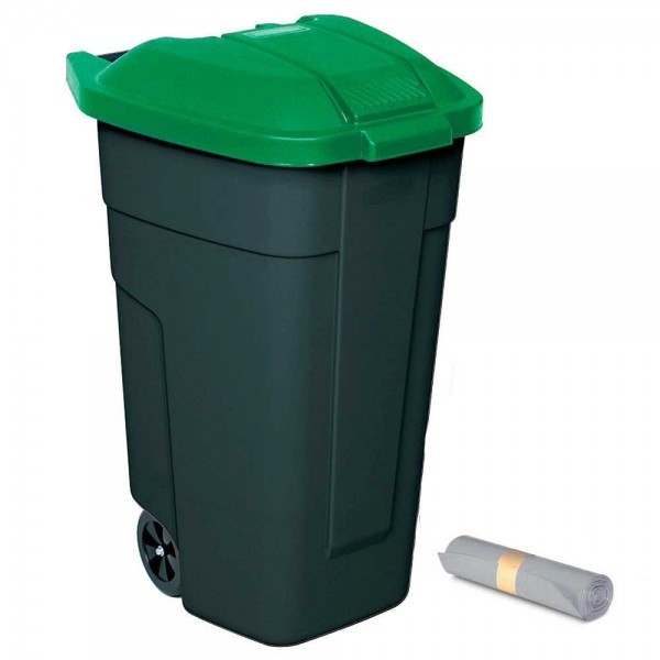 Rolleimer 100 Liter + GRATIS 50 Müllsäcke, BxTxH 510x550x850 mm, Korpus anthrazit, Deckel grün