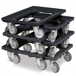 6x ABS-Kunststoff-Transportroller im Spar-Set, für Kästen, Körbe, Kartons 600x400 mm, schwarz, 100 mm Gummi-Rad, Deck offen, Tragkraft 250 kg