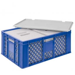 2 EPS-Thermoboxen im Stapelkorb mit Deckel, LxBxH 600x400x240 mm, blauer Korb, grauer Deckel