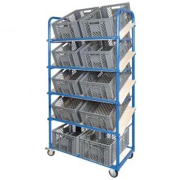 Schrägboden-Regalwagen mit 5 Ebenen, BxTxH 1050x500x1880 mm, 2 Lenk- (mit Feststellbremse) u. 2 Bockrollen, bestückt mit 10 Euroboxen BxTxH 600x400x240 mm, durchbrochen, mit Durchfassgriffen