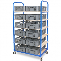 Etagenwagen mit 6 Ebenen, BxTxH 1050x500x1690 mm, 4 Lenkrollen, 2 Rollen mit Feststellbremse, bestückt mit 12 Euroboxen BxTxH 600x400x150 mm, durchbrochen, mit Durchfassgriffen