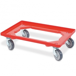 ABS-Kunststoff-Transportroller für 600x400 mm Eurobehälter, rot, Edelstahl Lenkrollen, 100 mm Gummi-Rad, Deck offen, Tragkraft 250 kg
