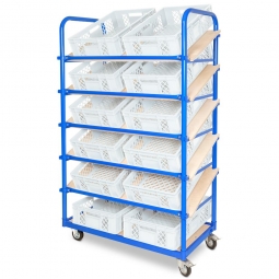 Schrägboden-Regalwagen mit 6 Ebenen, BxTxH 1050x500x1690 mm, 2 Lenk- (mit Feststellbremse) u. 2 Bockrollen, bestückt mit 12 Euroboxen BxTxH 600x400x150 mm, durchbrochen, mit Durchfassgriffen