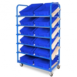 Schrägboden-Regalwagen mit 6 Ebenen, BxTxH 1050x500x1690 mm, 2 Lenk- (mit Feststellbremse) u. 2 Bockrollen, bestückt mit 12 Euroboxen BxTxH 600x400x120 mm, mit Griffleisten