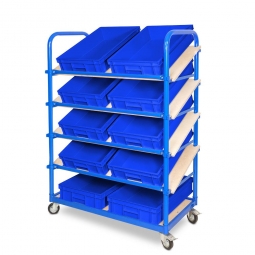 Schrägboden-Regalwagen mit 5 Ebenen, BxTxH 1050x500x1450 mm, 4 Lenkrollen, 2 Rollen mit Feststellbremse, bestückt mit 10 Euroboxen BxTxH 600x400x120 mm, mit Griffleisten