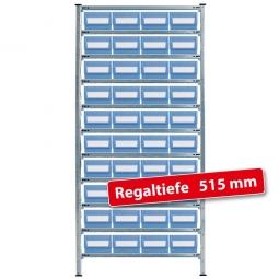 Fachbodensteck-Grundregal, BxTxH 1000x515x2000 mm, 11 Böden, mit 40 Regalkästen LxBxH 500x234x140 mm, Farbe hellblau