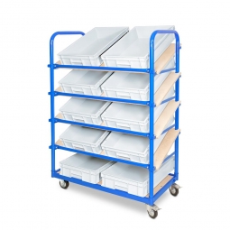 Schrägboden-Regalwagen mit 5 Ebenen, BxTxH 1050x500x1450 mm, 2 Lenk- (mit Feststellbremse) u. 2 Bockrollen, bestückt mit 10 Euroboxen BxTxH 600x400x120 mm, mit Griffleisten
