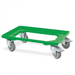 ABS-Kunststoff-Transportroller für 600x400 mm Eurobehälter, grün, 4 Lenkrollen, 2 mit Feststellbremse, 100 mm Gummi-Rad, Deck offen, Tragkraft 250 kg