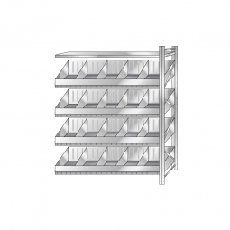 Schüttgut-Anbauregal, BxTxH 1510x525x2000 mm, 4 Ebenen, 16 Schüttfächer, 1 Fachboden, glanzverzinkt