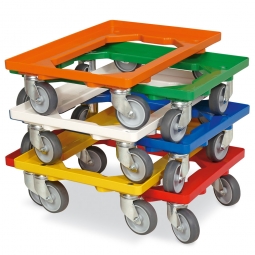 6x ABS-Kunststoff-Transportroller im Spar-Set, für Kästen, Körbe, Kartons 600x400 mm, bunt gemischt, 100 mm Gummi-Rad, Deck offen, Tragkraft 250 kg