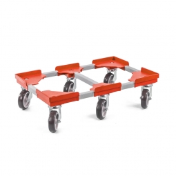 Transportroller "VARIO" für Euro-Stapelbehälter 600x400 mm, grau-rot, 6 Lenkrollen, graue Gummiräder