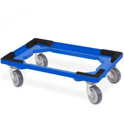 Transportroller für 600x400 mm Drehstapelbehälter, offenes Deck, 4 Lenkrollen, graue Gummiräder, blau