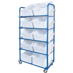 Schrägboden-Regalwagen mit 5 Ebenen, BxTxH 1050x500x1880 mm, 4 Lenkrollen, 2 Rollen mit Feststellbremse, bestückt mit 10 Euroboxen BxTxH 600x400x220 mm, mit Durchfassgriffen