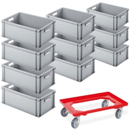 Set mit 10 Euro-Stapelbehältern, LxBxH 600x400x220 mm + 1 GRATIS Transportroller