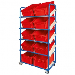 Schrägboden-Regalwagen mit 5 Ebenen, BxTxH 1050x500x1880 mm, 2 Lenk- (mit Feststellbremse) u. 2 Bockrollen, bestückt mit 10 Euroboxen BxTxH 600x400x220 mm, mit Griffleisten