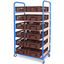 Etagenwagen mit 6 Ebenen, BxTxH 1050x500x1690 mm, 4 Lenkrollen, 2 Rollen mit Feststellbremse, bestückt mit 12 Euroboxen BxTxH 600x400x150 mm, durchbrochen, mit Durchfassgriffen