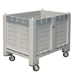Palettenbox mit 4 Gummi-Lenkrollen Ø 120 mm, LxBxH 1200x800x850 mm, grau, Wände durchbrochen/Boden geschlossen.
