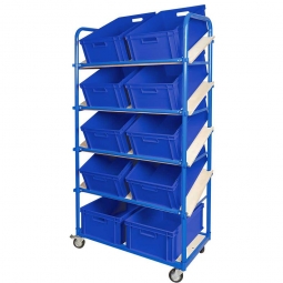 Schrägboden-Regalwagen mit 5 Ebenen, BxTxH 1050x500x1880 mm, 4 Lenkrollen, 2 Rollen mit Feststellbremse, bestückt mit 10 Euroboxen BxTxH 600x400x220 mm, mit Durchfassgriffen