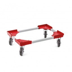 Transportroller "VARIO" für Euro-Stapelbehälter 600x400 mm, grau-rot, 4 Lenkrollen, graue Gummiräder