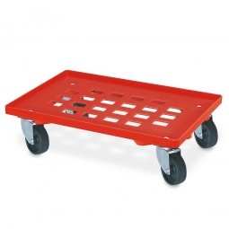 ABS-Kunststoff-Transportroller für 600x400 mm Eurobehälter, 100 mm Kunststoff-Rad in schwarz, Gitterdeck rot, Tragkraft 250 kg