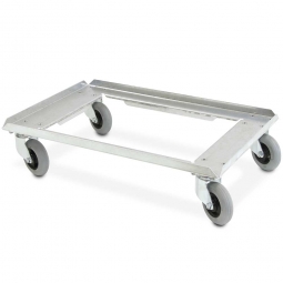 Edelstahl-Flüster-Roller für Stapelbehälter 600x400 mm, 100 mm PU-Rad, Deck offen, Tragkraft 250 kg