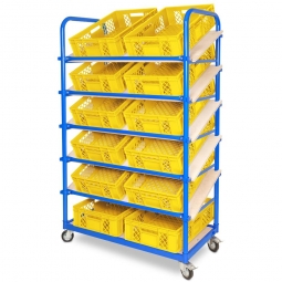 Schrägboden-Regalwagen mit 6 Ebenen, BxTxH 1050x500x1690 mm, 4 Lenkrollen, 2 Rollen mit Feststellbremse, bestückt mit 12 Euroboxen BxTxH 600x400x150 mm, durchbrochen, mit Durchfassgriffen