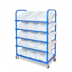 Schrägboden-Regalwagen mit 5 Ebenen, BxTxH 1050x500x1450 mm, 4 Lenkrollen, 2 Rollen mit Feststellbremse, bestückt mit 15 Euroboxen BxTxH 400x300x120 mm, mit Griffleisten