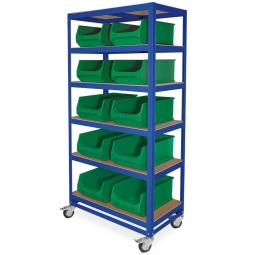 Kommissionierwagen mit 6 Ebenen, BxTxH 900x500x1905 mm, Tragkraft 200 kg, blau, bestückt mit 10 grünen Sichtboxen 