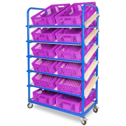 Schrägboden-Regalwagen mit 6 Ebenen, BxTxH 1050x500x1690 mm, 4 Lenkrollen, 2 Rollen mit Feststellbremse, bestückt mit 12 Euroboxen BxTxH 600x400x150 mm, durchbrochen, mit Durchfassgriffen