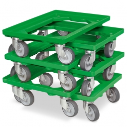 6x ABS-Kunststoff-Transportroller im Spar-Set, für Kästen, Körbe, Kartons 600x400 mm, grün, 100 mm Gummi-Rad, Deck offen, Tragkraft 250 kg