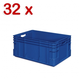 32 Schwerlastbehälter, geschlossen, LxBxH 600x400x270 mm, 54 Liter, 2 Durchfassgriffe, blau
